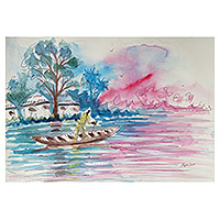 'Pink Sailing' - Stretched Signed Impressionist Painting of Tropical Scene