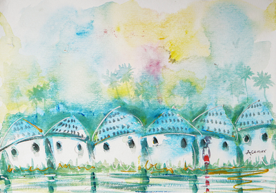 Grünes Dorf - Signiert Impressionist Aquarell Gemälde von Dorf