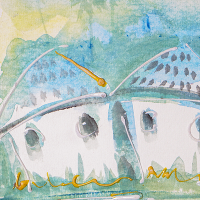 'Green Village' - Pintura impresionista de acuarela firmada del pueblo