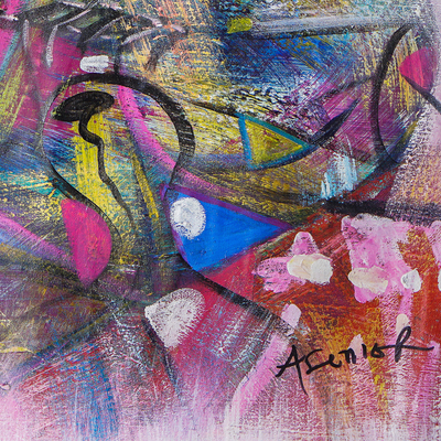 Trommelschlag – Ungestrecktes kubistisches Acrylgemälde von Trommlern aus Ghana