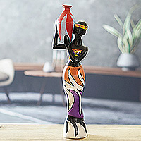 Wood sculpture, 'African Virtue' - Ghanaian Sese Wood Sculpture of a Woman Carrying a Vase
