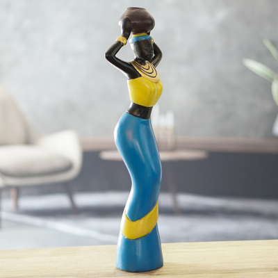 Escultura de madera - Escultura de madera tallada a mano de mujer africana con olla