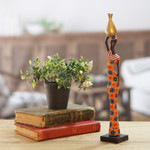 Ebony wood sculpture, 'Colorful Lady' - Ebony Wood Sculpture of Woman with Pot Hand-Carved in Ghana