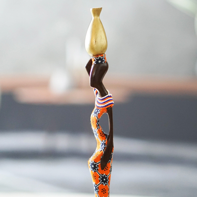 Escultura en madera de ébano - Escultura de madera de ébano de mujer con olla tallada a mano en Ghana