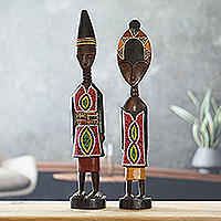 Hand-beaded wood sculptures, 'Twin Spirits' (set of 2) - Set of 2 Handcrafted Sese Wood Beaded Sculptures from Ghana