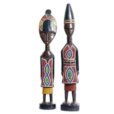 Esculturas de madera con cuentas a mano (juego de 2) - Conjunto de 2 esculturas de cuentas de madera de Sese hechas a mano de Ghana