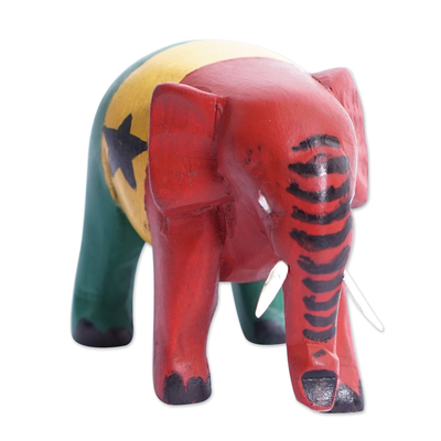 Sese wood figurine, 'Ghanaian Elephant' - Elephant Wood Figurine Painted with The Ghanaian Flag colours