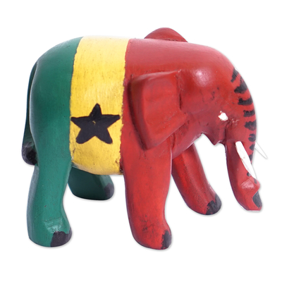 Sese wood figurine, 'Ghanaian Elephant' - Elephant Wood Figurine Painted with The Ghanaian Flag Colors