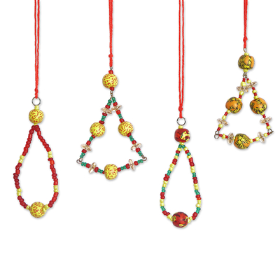 Recycled glass beaded ornaments, 'Aseda' (set of 4) - Set of 4 Recycled Glass Beaded Ornaments Handmade in Ghana