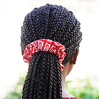 Cotton scrunchies, 'Thankful Crimson' (pair) - Pair of Red and White Patterned Cotton Scrunchies from Ghana