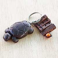 Wood key chain, 'Tortoise Amulet' - Handcrafted Ebony Wood Tortoise Key Chain from Ghana