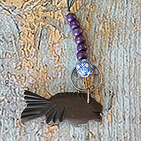 Recycled glass beaded ebony wood keychain, 'Fish' - Ebony Fish Keychain with Recycled Glass and Wood Beads