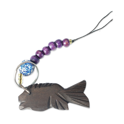 Ebony Fish Keychain with Recycled Glass and Wood Beads
