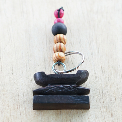 Beaded ebony wood keychain, 'Bench' - Ebony Bench Keychain with Wood Beads & Stainless Steel Ring