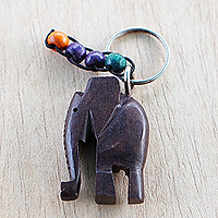 Wood key chain, 'Elephant Amulet' - Handcrafted Ebony Wood Elephant Key Chain from Ghana