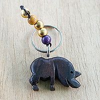Beaded ebony wood keychain, 'Bushpig' - Eco-Friendly Ebony Bushpig Keychain with Wood Beads