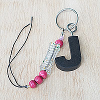 Recycled glass beaded ebony wood keychain, 'The Letter J' - Eco-Friendly Ebony Letter J Keychain with Wood Beads