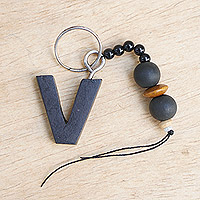 Beaded ebony wood keychain, 'The Letter V' - Eco-Friendly Ebony Letter V Keychain with Wood Beads