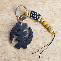Recycled glass beaded ebony wood keychain, 'Symbol' - Ebony Gye Nyame Keychain with Recycled Glass and Wood Beads