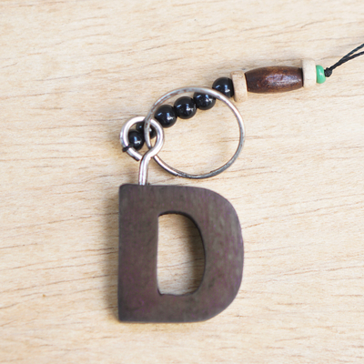 Llavero de madera, 'Lucky Letter D' - Llavero de madera de ébano hecho a mano con una letra D