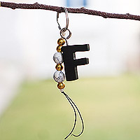 Recycled beaded ebony wood keychain, 'The Letter F' - Eco-Friendly Beaded Ebony Wood Keychain with a Letter F