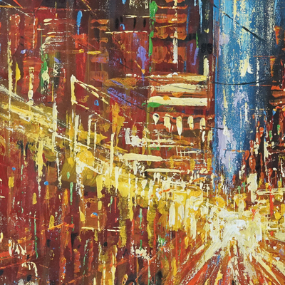 'Follow the Light' (2022) - Signed Unstretched Expressionist Acrylic Painting of a City