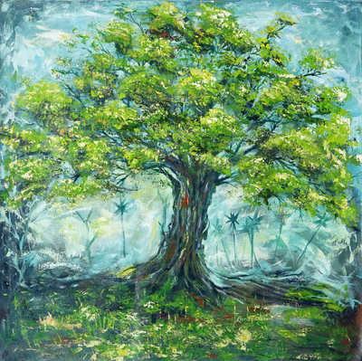 „Grüner Baum“ (2022) – Signiertes ungestrecktes expressionistisches Acrylgemälde eines Baumes