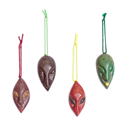 Wood ornaments, 'Ancestral Voices' (set of 4) - Set of 4 Ofram Wood African Mask Ornaments Handmade in Ghana