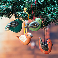 Wood ornaments, 'Festive Chant' (set of 4) - Set of 4 Vibrant Bird Ornaments Handcrafted from Ofram Wood