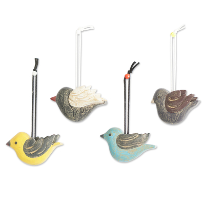Wood ornaments, 'Morning Chant' (set of 4) - Set of 4 Colorful Bird Ornaments Handcrafted from Ofram Wood