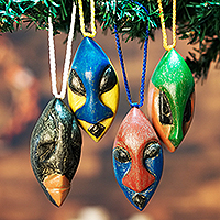Wood ornaments, 'Okwonko' (set of 4) - Set of 4 Handcrafted Ofram Wood African Mask Ornaments