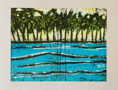 Batik painting, 'My Happy Place' - Ghanaian Batik on Cotton Abstract River Landscape with Mat