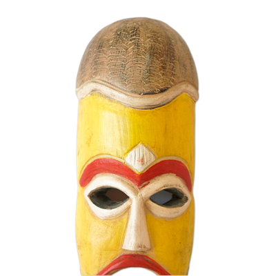 African wood mask, 'Tikro' - Handcrafted Yellow and Red African Sese Wood Mask