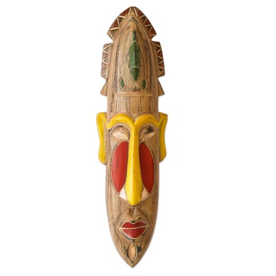 African wood mask, 'Faces of the Ancestors' - Hand-Painted Yellow and Red African Sese Wood Mask