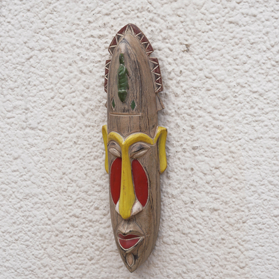 African wood mask, 'Faces of the Ancestors' - Hand-Painted Yellow and Red African Sese Wood Mask