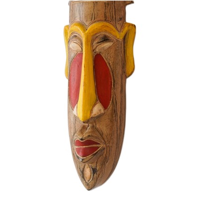 African wood mask, 'Faces of the Ancestors' - Hand-Painted Yellow and Red African Sese Wood Mask