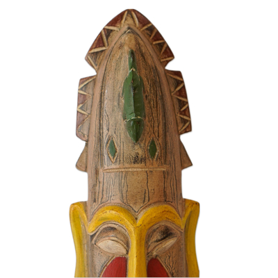 African wood mask, 'Faces of the Ancestors' - Hand-Painted Yellow and Red African Sese Wood Mask