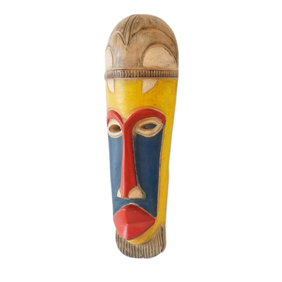 African wood mask, 'Sankori' - Handcrafted Blue, Red and Yellow African Sese Wood Mask