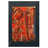 'Power of Silence II' - Pintura expresionista de acrílico sobre papel de mujer en tonos rojos