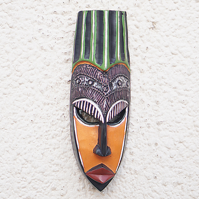 African wood mask, 'African Facet' - Handcrafted African Sese Wood Mask with Aluminum Plates