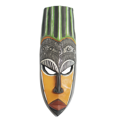 African wood mask, 'African Facet' - Handcrafted African Sese Wood Mask with Aluminum Plates