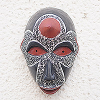 African wood mask, 'Fauna Mask' - Handcrafted African Sese Wood Mask in Black and Red Hues