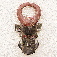 African wood mask, 'Alligator Head' - Alligator-Themed African Sese Wood Mask in Brown and Black