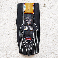 Máscara de madera africana, 'Ethiopian Spirit' - Máscara de madera tradicional africana Sese con detalles en aluminio