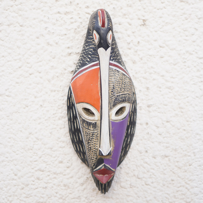 African wood mask, 'Sankofa Icon' - Hand-Painted African Sese Wood Mask with Aluminum Accents