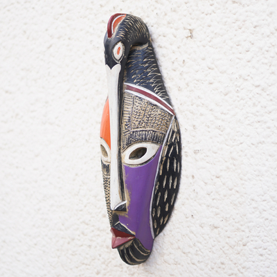 African wood mask, 'Sankofa Icon' - Hand-Painted African Sese Wood Mask with Aluminum Accents