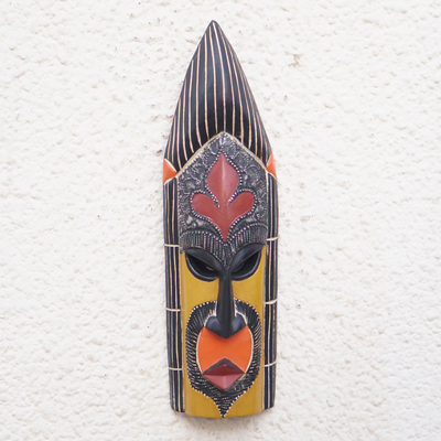 African wood mask, 'Atanga' - Warm Toned African Sese Wood Mask with Aluminum Accents