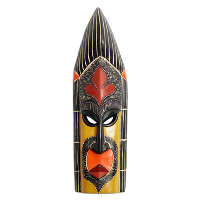 Máscara de madera africana, 'Atanga' - Máscara de madera africana de tonos cálidos con detalles en aluminio