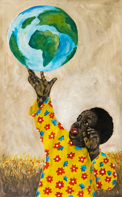 'Tocando la paz mundial': pintura acrílica de un niño y un globo terráqueo que simboliza la paz mundial