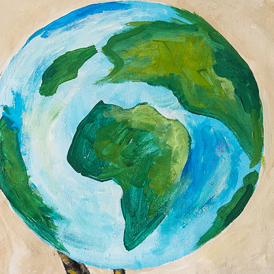 Weltfrieden berühren - Acrylgemälde von Kind und Globus als Symbol für den Weltfrieden